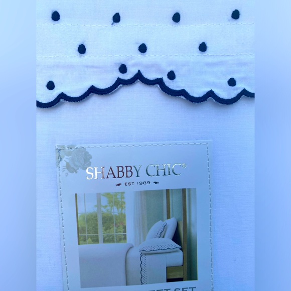 Shabby Chic White Cotton Embroidered Scallop Dot Navy Blue QUEEN Sheet Set 4pc - Picture 8 of 9